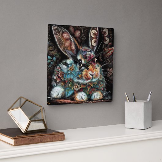 バニーお洒落ラビットフローラ抽象芸術ブラックティール（緑がかった色） スクエア壁時計 (オフィス)