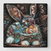 バニーお洒落ラビットフローラ抽象芸術ブラックティール（緑がかった色） スクエア壁時計 (正面)