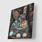 バニーお洒落ラビットフローラ抽象芸術ブラックティール（緑がかった色） スクエア壁時計 (傾斜)