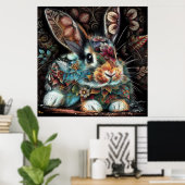 バニーお洒落ラビットフローラ抽象芸術ブラックティール（緑がかった色） ポスター (ホームオフィス)