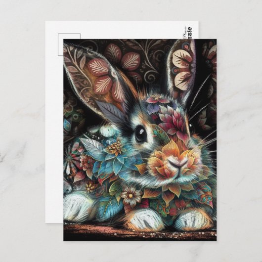 バニーお洒落ラビットフローラ抽象芸術ブラックティール（緑がかった色） ポストカード (正面/裏面)