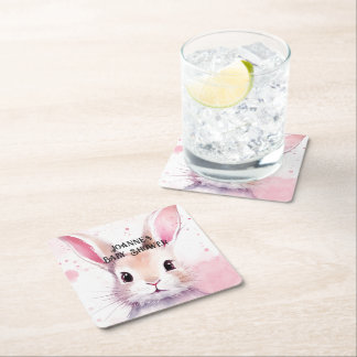 バニーかわいい水の色ピンクの赤ちゃんシャワー スクエアペーパーコースター