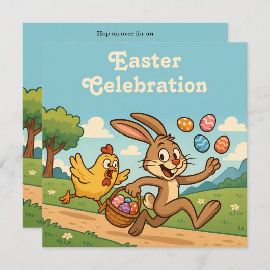 バニーが卵を盗む | イースターおもしろいエッグ狩り 招待状 (正面/裏面)