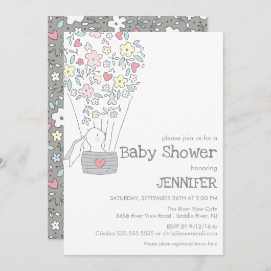 バニーが熱気球に乗る|中立のベビーシャワー 招待状 (正面/裏面)