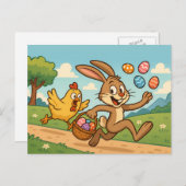 バニーが鶏のイースターデザインから卵をおもしろい盗む シーズンポストカード (正面/裏面)