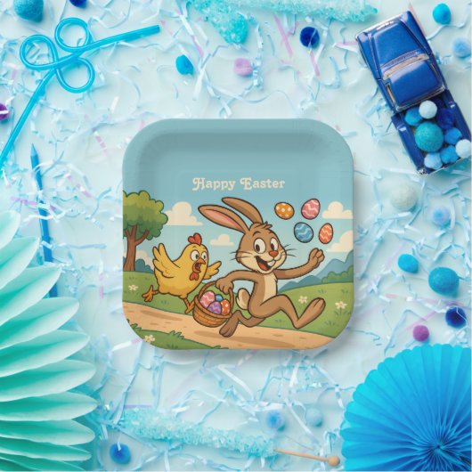 バニーが鶏肉のイースターアートからユーモアのある卵を盗む ペーパープレート (パーティー)