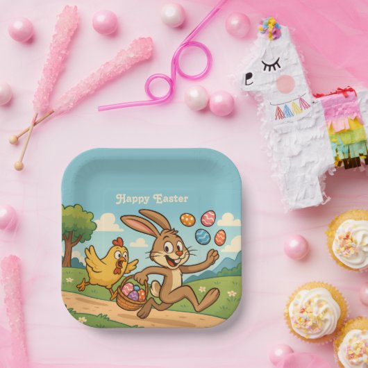 バニーが鶏肉のイースターアートからユーモアのある卵を盗む ペーパープレート (パーティー)