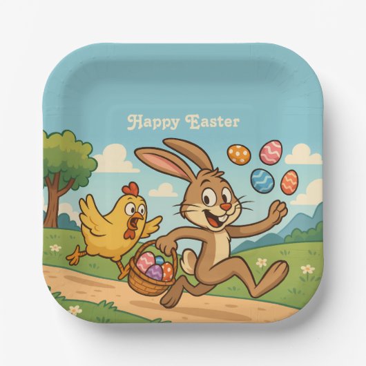バニーが鶏肉のイースターアートからユーモアのある卵を盗む ペーパープレート (正面)