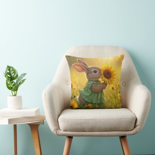 バニーが黄色いヒマワリを嗅いでいる クッション (椅子)