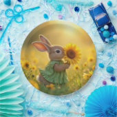 バニーが黄色いヒマワリを嗅いでいる ペーパープレート (パーティー)