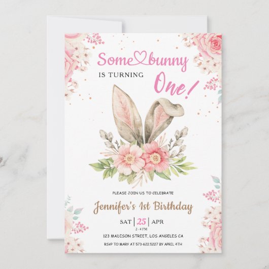 バニーが1つ回ってる!誕生日の女の子(ピンク) 招待状 (正面)