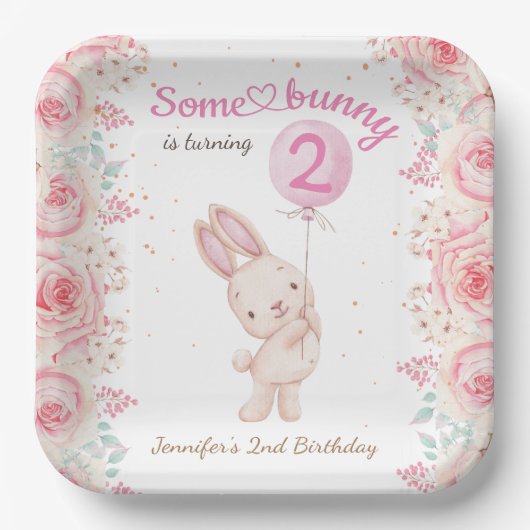 バニーが2人だ!女の子ピンク2nd誕生日 ペーパープレート (正面)