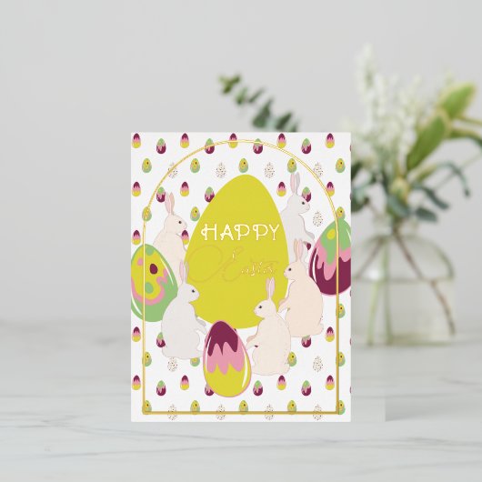 バニーとイースターエッグ。 箔シーズンポストカード (立ち正面)