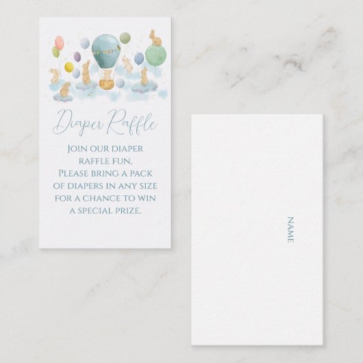 バニーとエアバルーン赤ちゃんシャワーおむつラッフル エンクロージャーカード (正面/裏面)