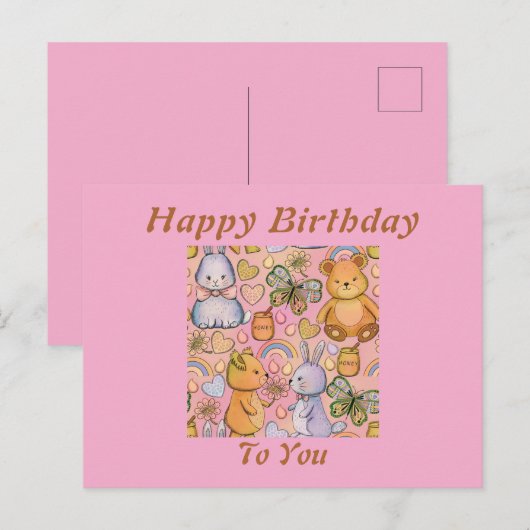 バニーとベアの誕生日カード ポストカード (正面/裏面)