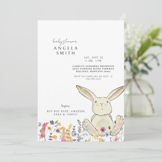 バニーとワイルドフラワーベビーカラフルシャワー 招待状 (スタンド正面)