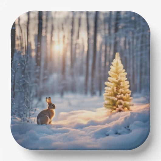 バニーと冬のクリスマスツリー ペーパープレート (正面)