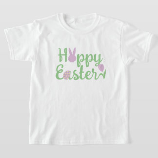 バニーと卵とチューリップが付いた可愛い「ホッピー」イースター Tシャツ