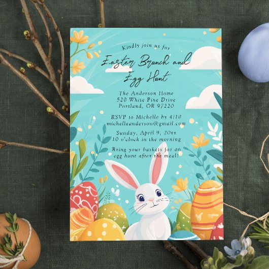 バニーと卵イースターブルーブランチと卵狩り 招待状