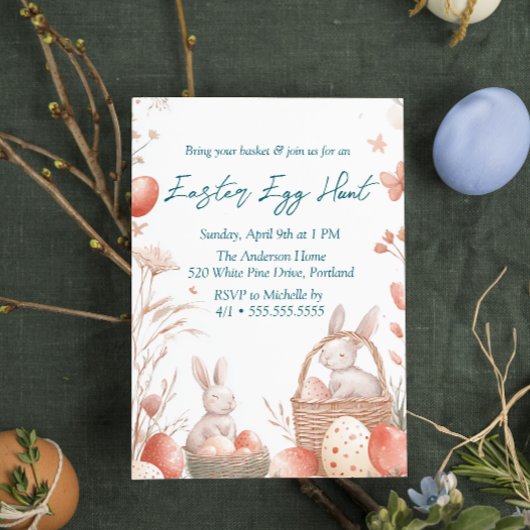 バニーと卵バスケットのイースターエッグ狩り 招待状