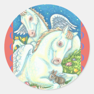 バニーと子馬エンジェル、ウィムシーイースターホースのステッカー ラウンドシール