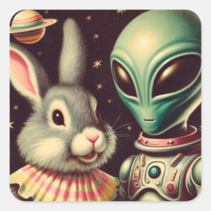 バニーと宇宙エイリアンレトロキッチーSFステッカー スクエアシール