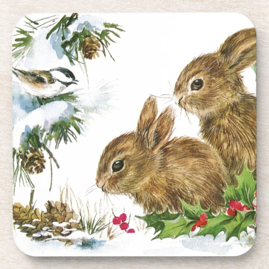 バニーと鳥楽しむの雪 コースター (正面)