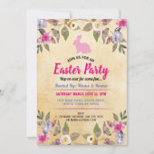 バニーのイースターパーティーの花のヴィンテージのピンクの招待 招待状 (正面)