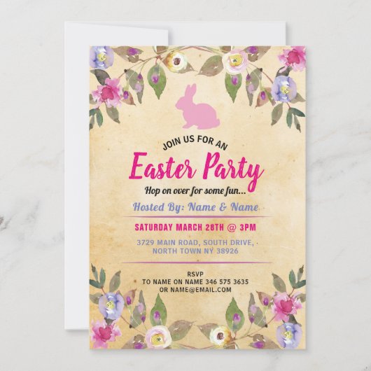 バニーのイースターパーティーの花のヴィンテージのピンクの招待 招待状 (正面)