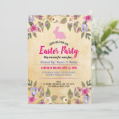 バニーのイースターパーティーの花のヴィンテージのピンクの招待 招待状 (スタンド正面)