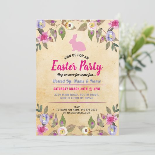 バニーのイースターパーティーの花のヴィンテージのピンクの招待 招待状 (スタンド正面)