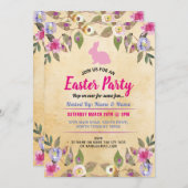 バニーのイースターパーティーの花のヴィンテージのピンクの招待 招待状 (正面/裏面)