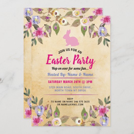 バニーのイースターパーティーの花のヴィンテージのピンクの招待 招待状 (正面/裏面)