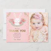 バニーのサンキューカードの誕生日の女の子のピンクの金ゴールド サンキューカード (正面)