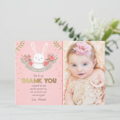 バニーのサンキューカードの誕生日の女の子のピンクの金ゴールド サンキューカード (スタンド正面)