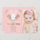 バニーのサンキューカードの誕生日の女の子のピンクの金ゴールド サンキューカード (正面/裏面)