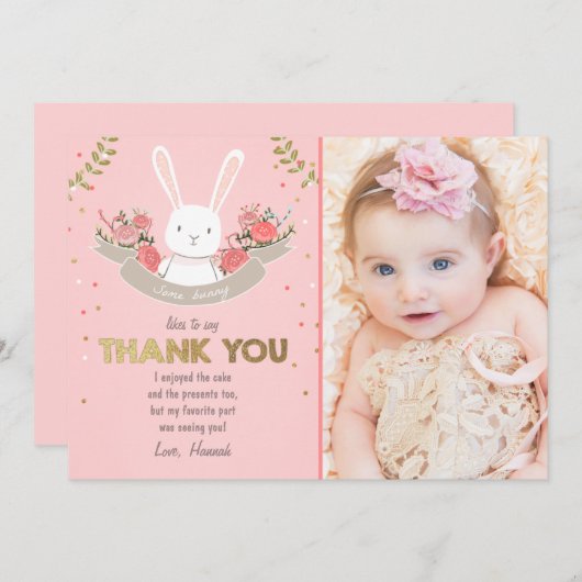 バニーのサンキューカードの誕生日の女の子のピンクの金ゴールド サンキューカード (正面/裏面)