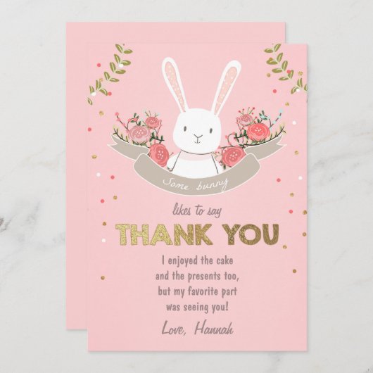 バニーのサンキューカードの誕生日の女の子のピンクの金ゴールド サンキューカード (正面/裏面)
