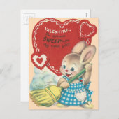バニーのバレンタインを掃除するヴィンテージ シーズンポストカード (正面/裏面)