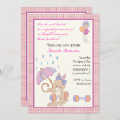 バニーのベビーガールはピンクのプライドを振縁どりかける 招待状 (正面/裏面)