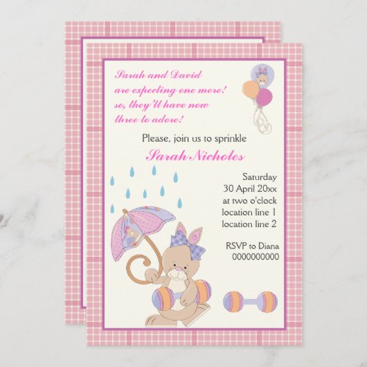 バニーのベビーガールはピンクのプライドを振縁どりかける 招待状 (正面/裏面)