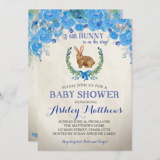 バニーのベビーシャワーの男の子の美しい花の招待状 招待状 (正面/裏面)