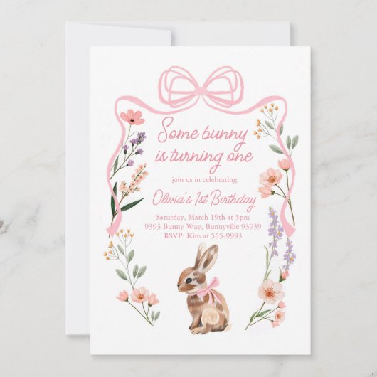 バニーの最初の誕生日の招待ワイルドフラワーボウ 招待状 (正面)