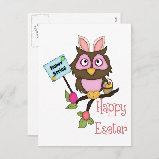 バニーの耳で愛らしいイースターフクロウ シーズンポストカード (正面/裏面)