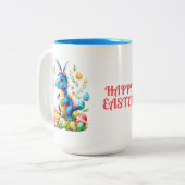 バニーの耳のコーヒーマグを身に着けているキュートなイースター恐竜 ツートーンマグカップ (正面左)