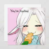 バニーの耳の招待状を持つかわいいチビ(小さくかわいく書いた感じ)の女の子 招待状 (正面/裏面)