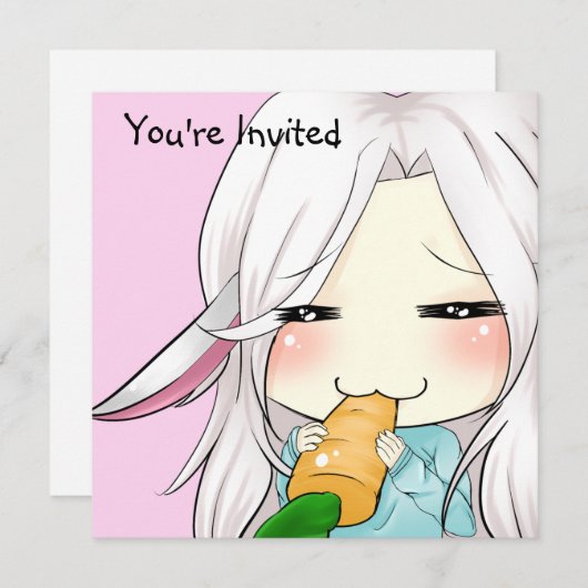バニーの耳の招待状を持つかわいいチビ(小さくかわいく書いた感じ)の女の子 招待状 (正面/裏面)