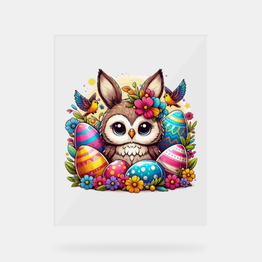 バニーの耳を持つイースターフクロウ アクリルサイン (正面)