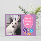 バニーの耳を飾ったかわいい犬の写真イースターエッグ シーズンカード (スタンド正面)