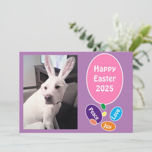 バニーの耳を飾ったかわいい犬の写真イースターエッグ シーズンカード (スタンド正面)